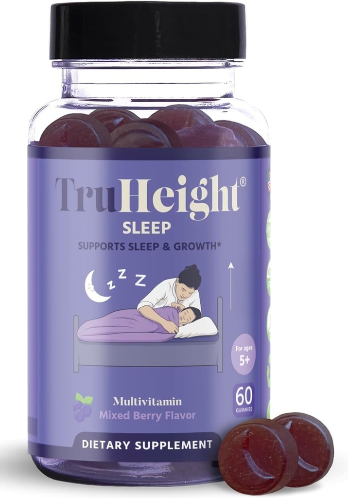 TruHeight Sleep Gummy - Deti & Teen Prírodné sleep aid pre maximálny rast - pediatrické Doporučené - Deti Melatonin Gummy - Melatonin, Ashwagandha, L Theanine, Lemon Balm, Vek 4+, Zmiešaný Berry chuť