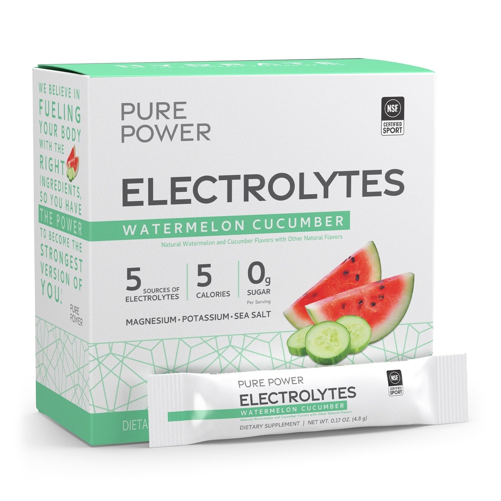Pure Power Electrolytes, Watermelon Cucumber Flavor, 5,13 oz (145,6 g), 30 Servíry (30 paketov), 5 kalórií a 0 g cukru naservírovanie, non-GMO, NSF Certified for Sport, Dr. Mercola