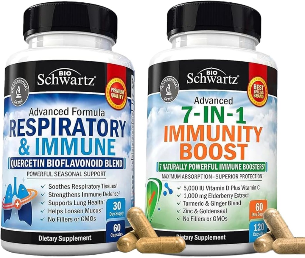 BioSchwartz Support pre dýchacie a imunitné pľúca Supplement with Quercetin (1 mesiac dodávky) Plus 7 in 1 Immune Suplement with Antioxidants (2 mesiace dodávky)