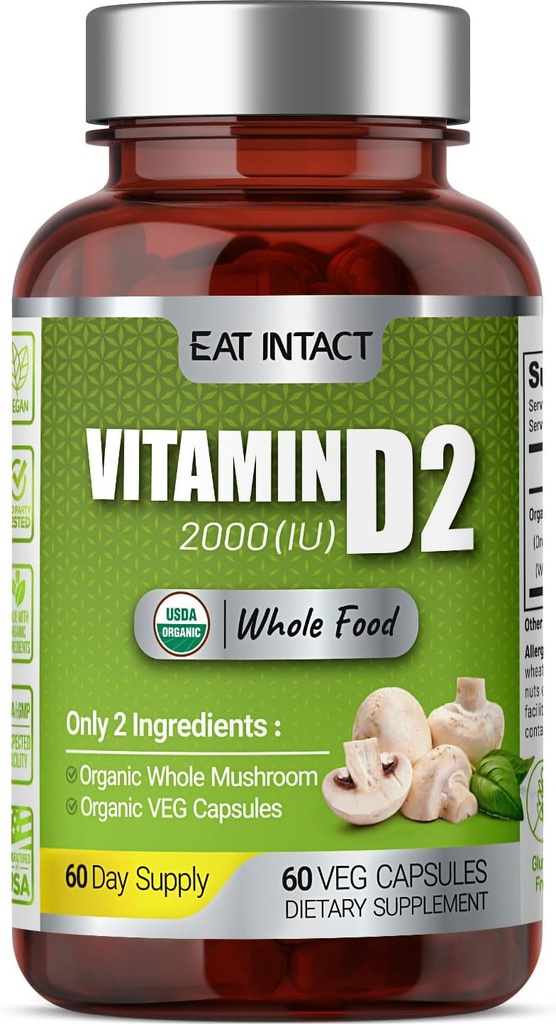 Vegan Whole Food Vitamin D, 2000 IU (50 μg), D2, dve zložky (Organic Whole Mushroom and Organic Vegan Capsule), Non-GMO, Tretia strana testované, 60 dní dodávky