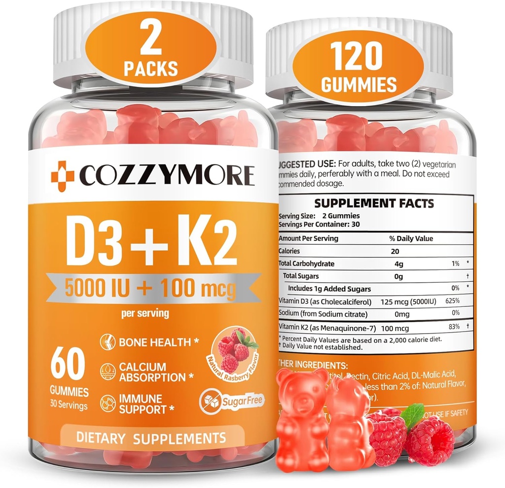 Bezcukrové vitamíny D3 K2 Gummy, vitamín D Gummies Supplement, 10000 IU + 200 μg D3 a K2 doplnky, Chutné Gummy vitamíny, Podpora pre kosti svalové zuby Immune, 60 Slúži 120 Gummies, Malina