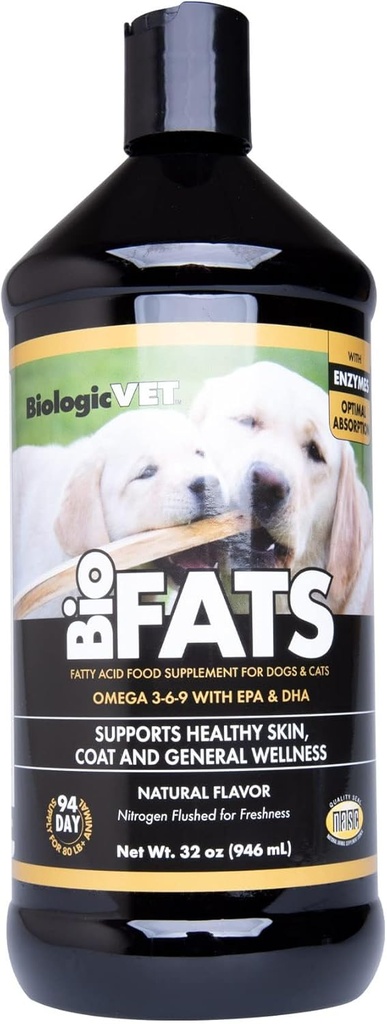 BioFATS BiologicVET - obsahuje Omegas 3, 6 a 9 - s EPA, DHA a ALA - pre psov a mačky - Podpora zdravia pokožky a kĺbov - zahŕňa ryby, ľanové semeno a olivový olej - 32 fl. oz.