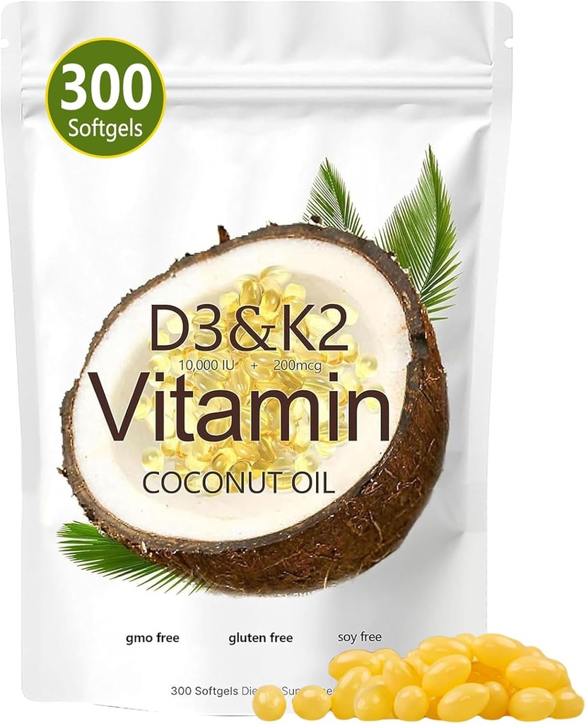 Vitamín D3 K2 Softgel, D3 K2 Vitamín 10000 IU, 10000 IU VIT D3 + 200 MCG Vitamín K2, bez GMO, lepidla, sóje, kostného zdravia, podporuje absorpciu vápnika, 300 gélov