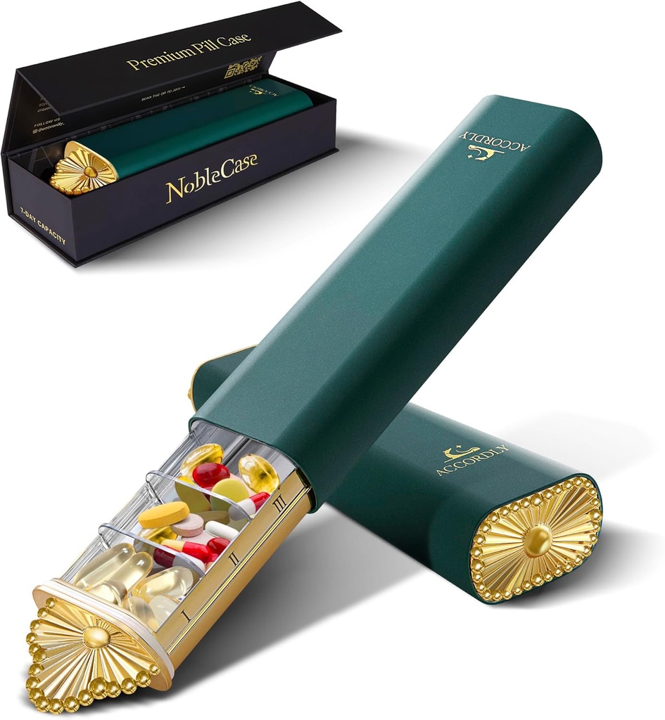 Premium Weekly pilulky Organizátor, 7-Day Compact pilulky puzdro pre Purse, Ľahké zlaté hliníkové pilulky pre vitamíny, Medicína, Doplnky, Luxusný wellness darček