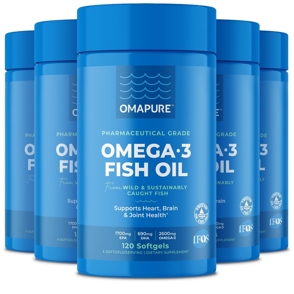 Rybí olej Doplnky s Omega 3 mastné kyseliny (5 fľaša, 120 Softgels) - Vysoká EPA, DHA, a IFOS Rybí olej Tabletky Podpora srdce a spoločné zdravie - Burpless Rybí olej podporuje funkciu mozgu