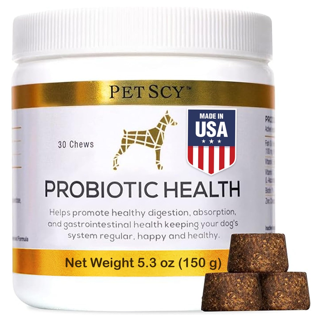 PetScy - Probiotické žuvačky pre psy, Probiotiká pre psy všetkých vekových kategórií, Veľkosti a plemená s prebiotické Fiber a Pure Omega-3 