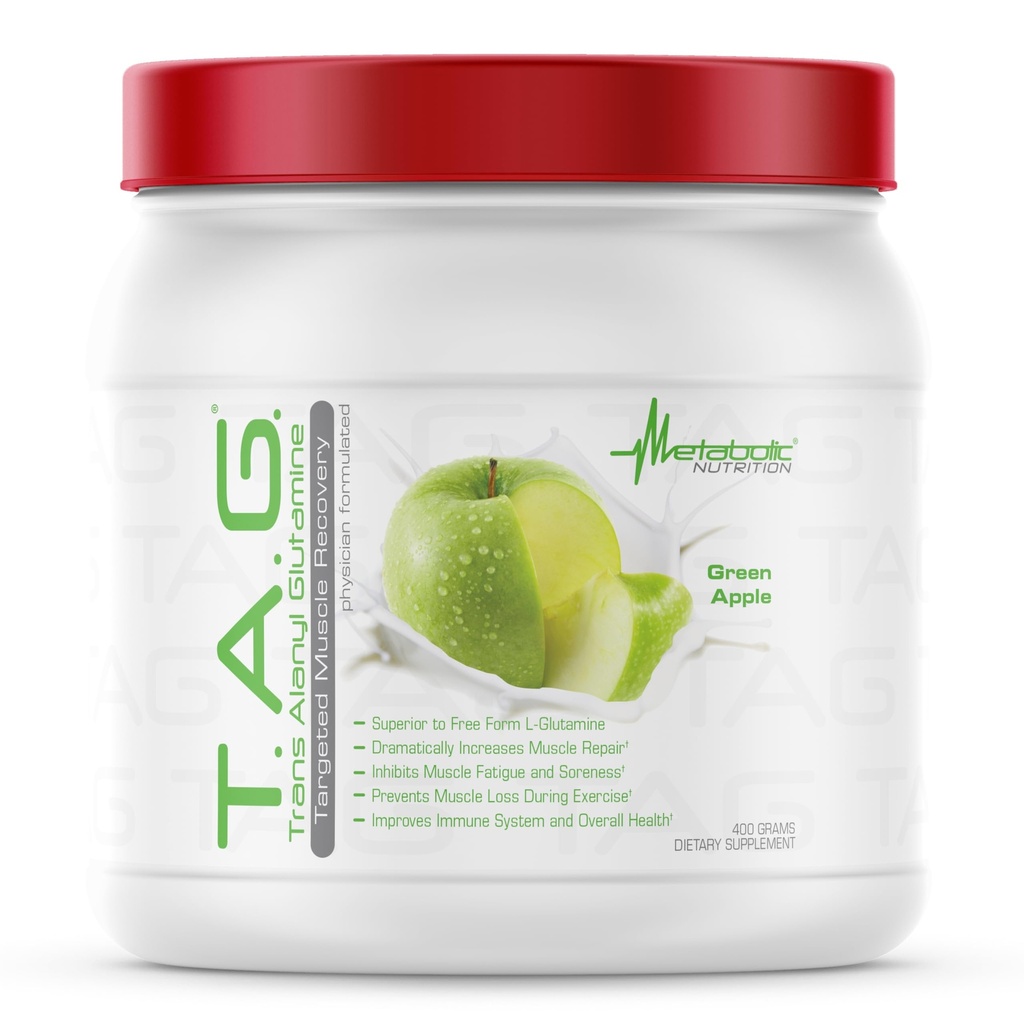 Metabolic Nutrition, TAG, Trans Alanyl Glutamín, 100% L-Glutamine Peptide Powder, Pre Intra Post Workout Supplement, 400 Grams (40 Servings) (Green Apple)