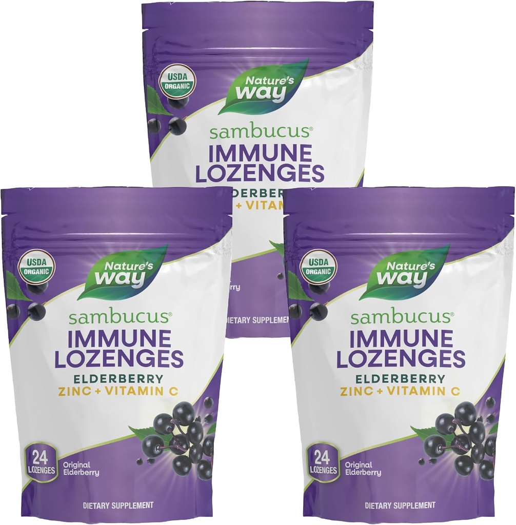 Nature's Way Sambucus Immune Lozenges, Zinok + vitamín C, Black Elderberry Extract, USDA Certified Organic, Original Berry Ochutené, 24 Lozenges (Packaging May Vary) - 3 Balíčky