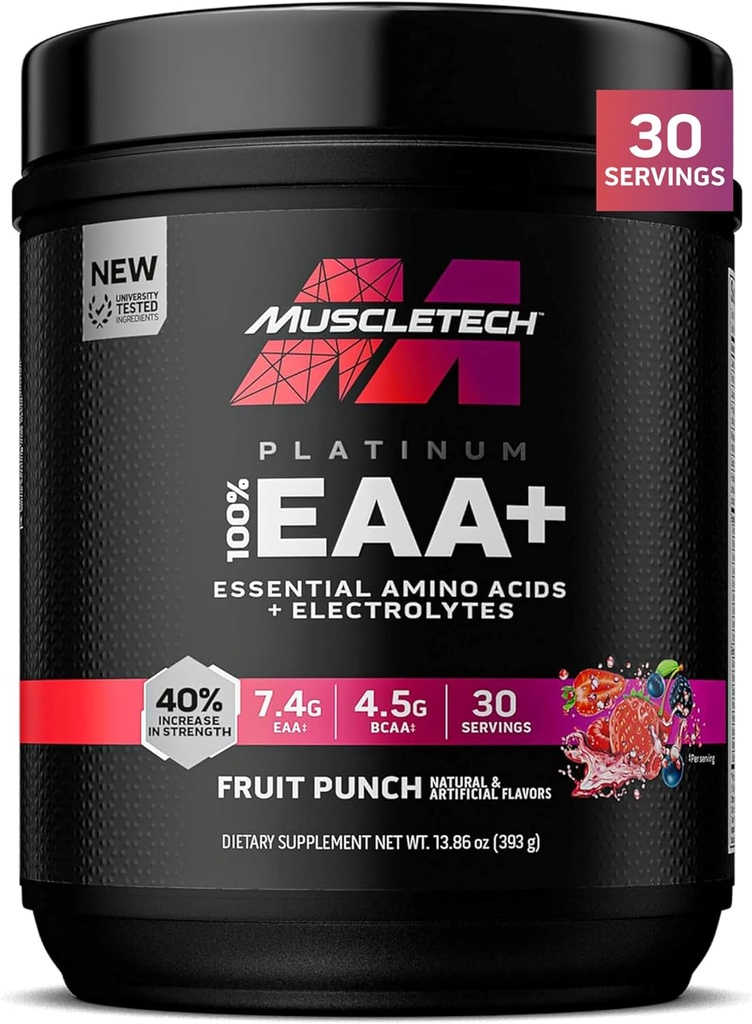 MuscleTech Platinum Essential Amino Acides Supplement with Electrolytes, Fruit Punch - Pre-Workout Powder for Energy, Muscle Growth & Strength Builder - EAA Complex for Men & Women - 30 Servings