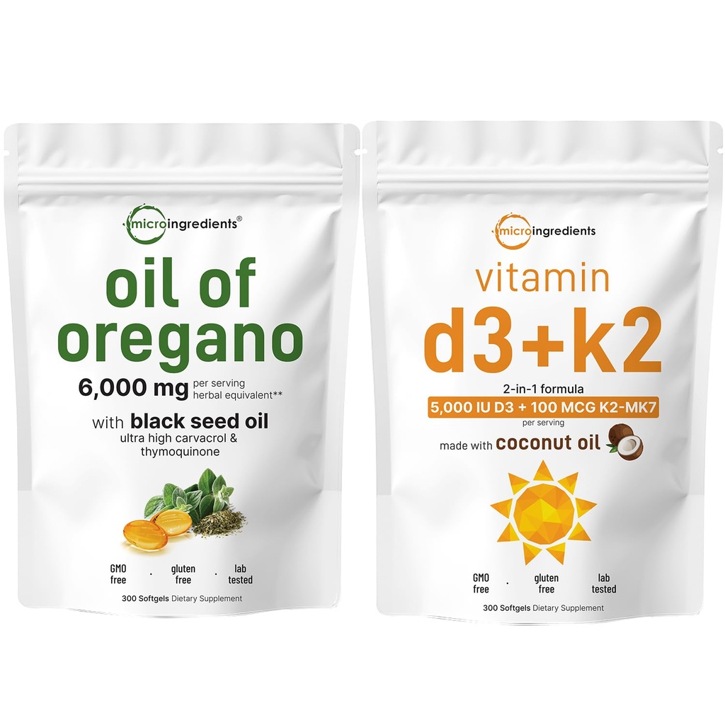 Micro Ingredients Oregano Softgels 6,000mg Per Serving & Vitamin D3 5000 IU Plus K2 (MK-7) 100 μg, 300 panenský kokosový olej Softgels Bundle Pack 4X Strength Carvatrol & Thymoquinon 
