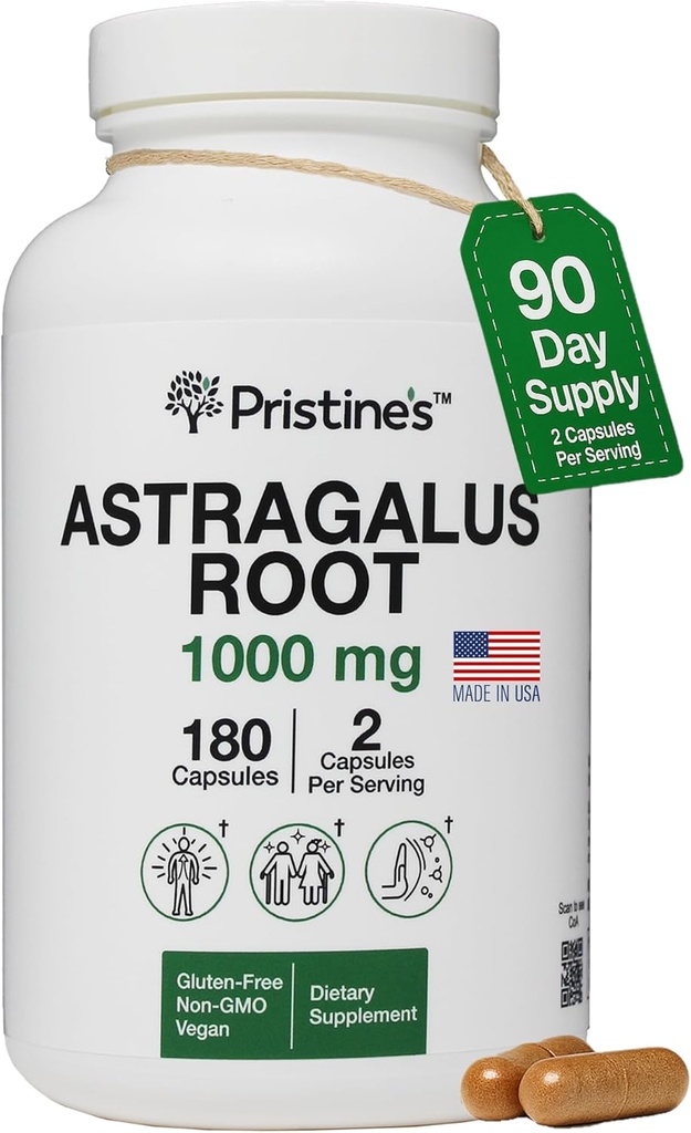 PRISTINE Astragalus Root Immune Suplement Capsule - 1000 mg 90 Day Supply Herbal Adaptogen - Zdravé starnutie, srdce a pľúca Zdravie