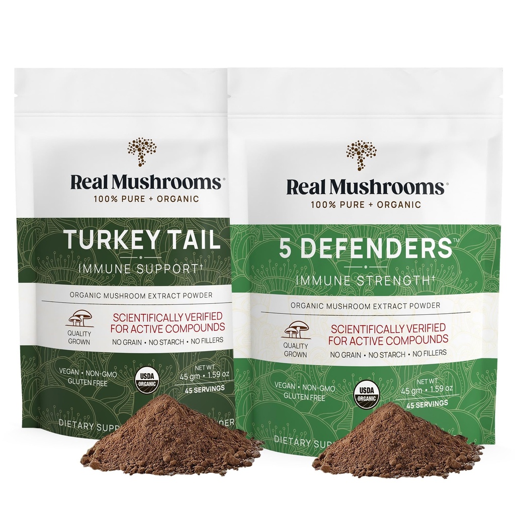 Skutočné huby Turecko chvost (45g) a 5 obrancovia (45g) Hubový extrakt prášok hríb - Huba doplnok pre imunitnú silu - Vegan, non-GMO Imunity Supplement