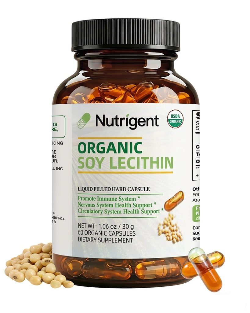 USDA Organic Soy Lecithin Supplement 800 mg, High Absorbtion Liquid Organic Capsules, Choline Lecithin Supplement for Brain & Liver Health Support, Non-GMO, Gluten Free, 60 Count