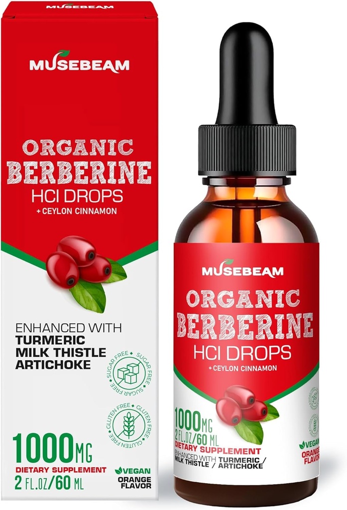 Organické Berberine HCl 1000mg Tekuté kvapky - s Ceylon škorica kurkuma mlieko bodkované Artičok - Vysoká biodostupnosť doplnok pre mužov Ženy - Vegan cukor bezlepok zadarmo 2fl. oz (60ml)