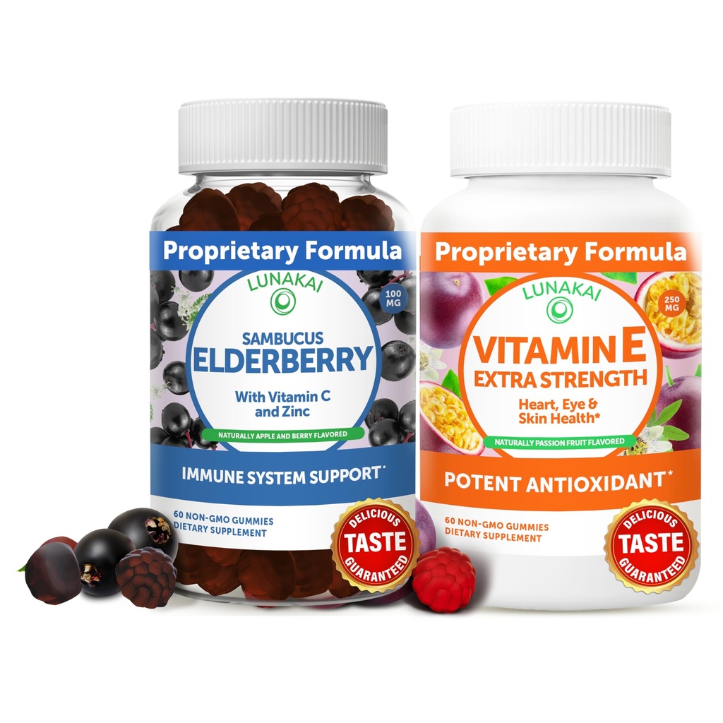 Lunakai bazy a vitamín E Gumies Bundle - Imunitná podpora doplnok so zinkom a vitamínom C Plus 1000iu prírodné VIT Gummy pre zdravie očí a kože