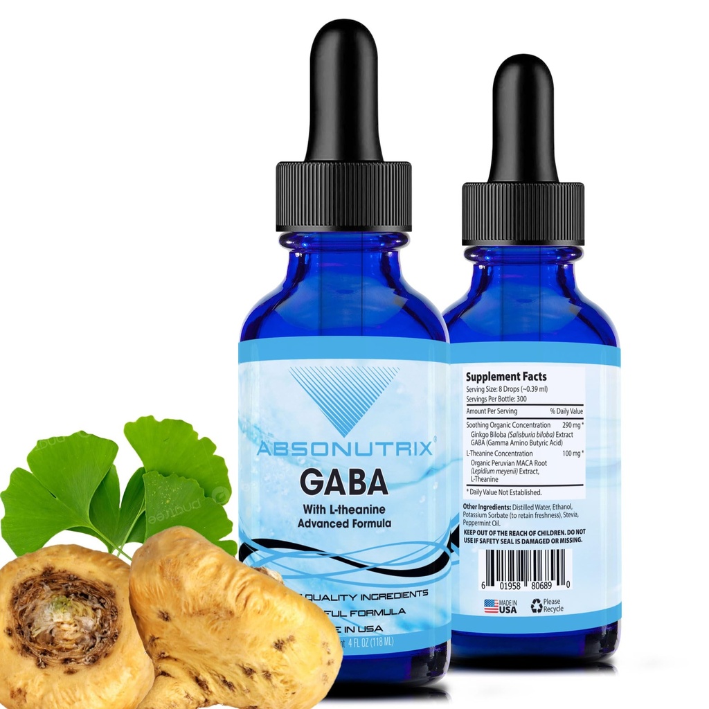 Absonutrix GABA s L-Theanine 290 mg, 4 Oz Liquid, 300 Servings, Made in USA, rýchla absorpcia, Quality Potent Ingredients, non-GMO, GMP Certified Facility, Cruelty-free Products
