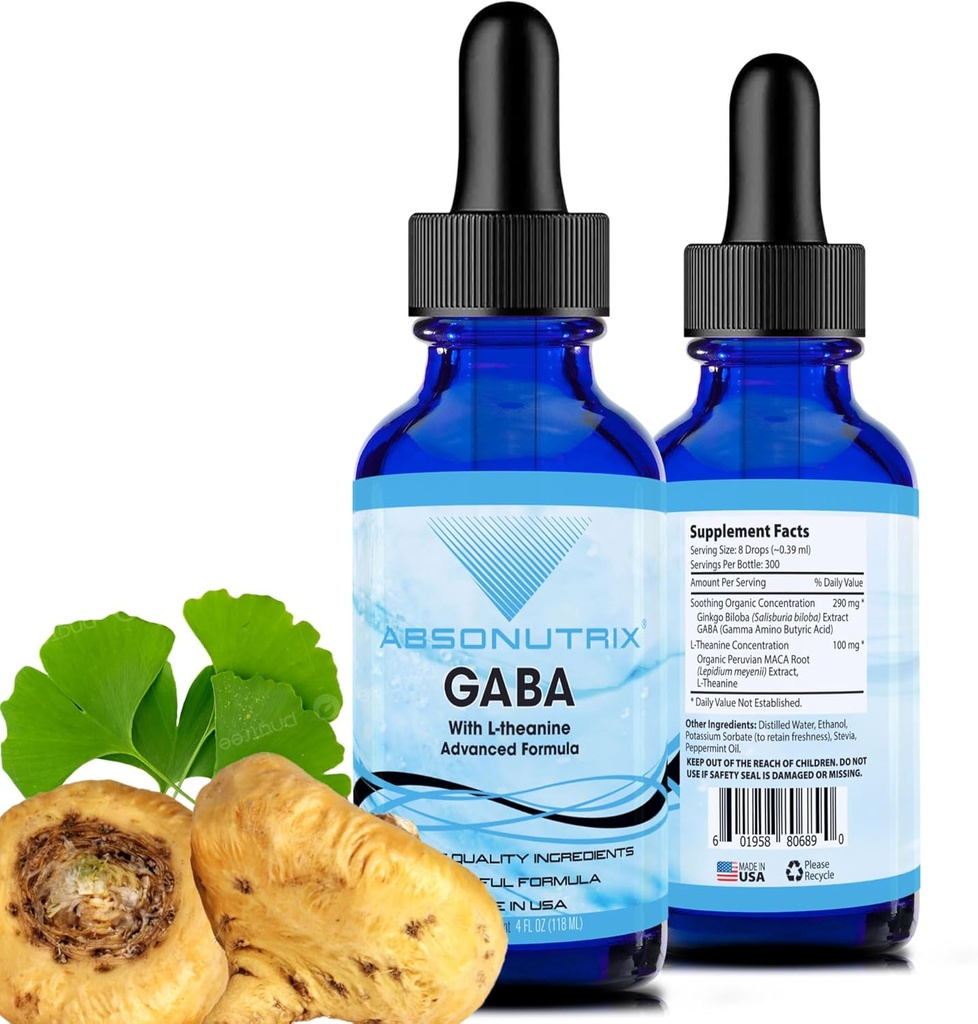 Absonutrix GABA s L-Theanine 290 mg, 4 Oz Liquid, 300 Servings, Made in USA, rýchla absorpcia, Quality Potent Ingredients, non-GMO, GMP Certified Facility, Cruelty-free Products