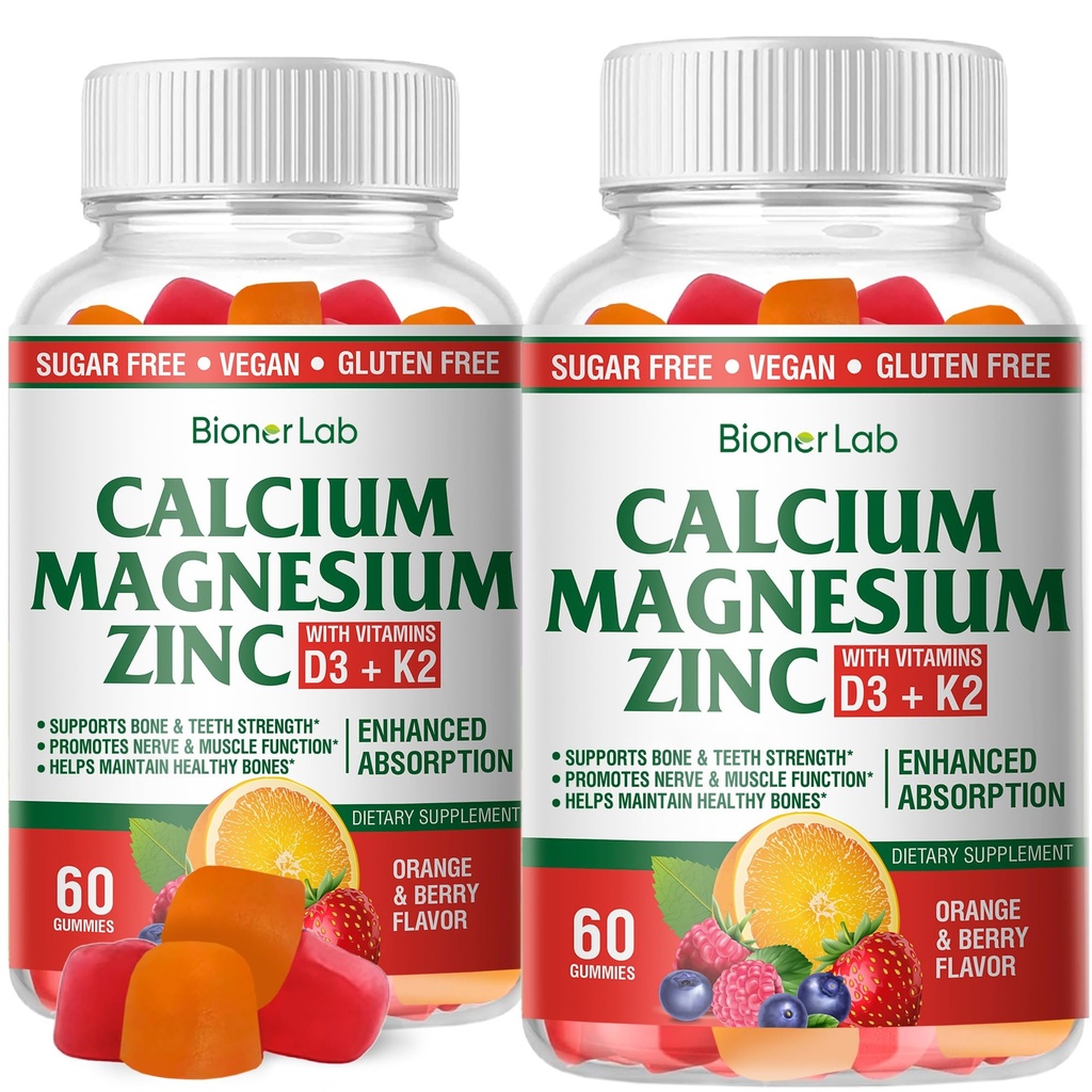 BionerLab Calcium Magnézium Zinok Gumies s vitamínom D3 & K2 - Vysoká potencia zvýšená absorpcia - Orange a Berry Ochutené