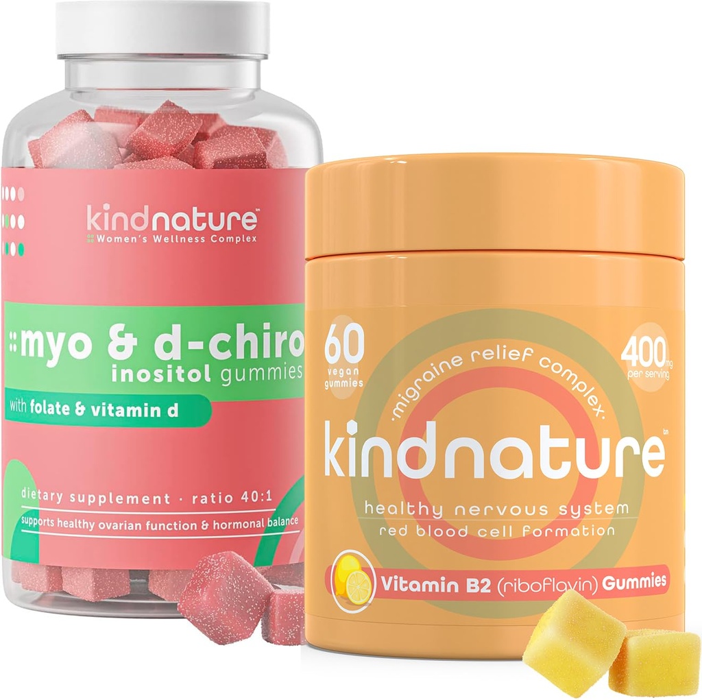láskavá príroda Myo-Inozitol & vitamín B2 Wellness Bundle - Hormonálna rovnováha, úľava voči migréne a podpora energie Gumies