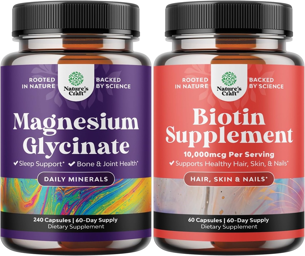 Bundle of Pure Magnézium Glycinate 400mg per serviceing for Mood sleep and Relaxation 240ct a Pure Biotin Pills for Women Men - Stop vlasy vypadávanie tónovanie prírodný doplnok