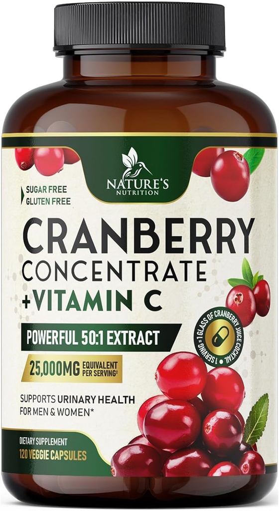 Cranberry Supplement pilulky 25,000mg - Vysoká potencie vitamín C Cranberry pre ženy a mužov, močové Tract Health Support, Sugar Free, Gluten Free, non-GMO, Cranberry koncentrát extrakt - 120 Kapsule