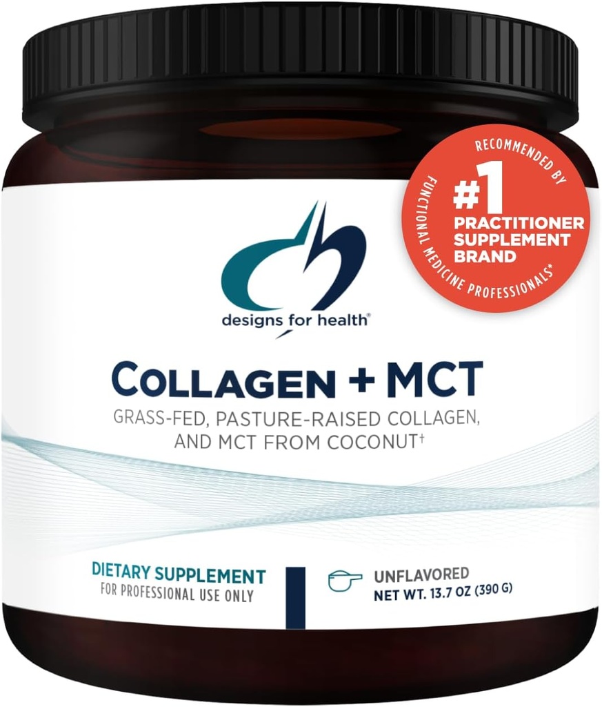 Designs for Health Collagen + MCT, Unflavred - Hydrolyzed Grass-Fed Collagen Peptidy s MCT olej prášok na podporu duševné zameranie, Trvalá energia, zdravie kože a Gut (30 Servings)