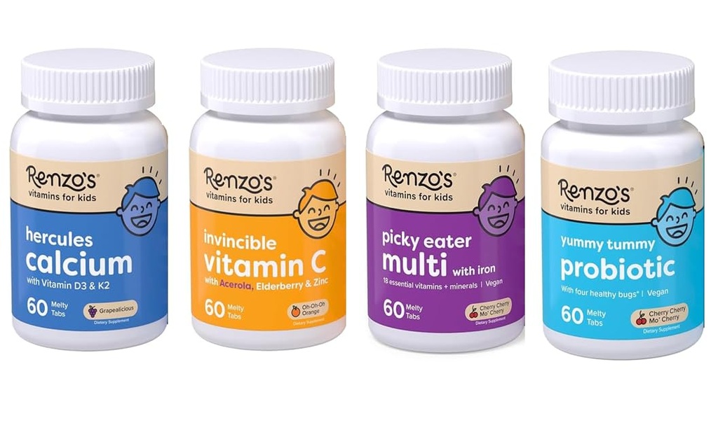 Renzo vitamíny Kid Essential Bundle - Probiotické, Vitamín C s bazami a zinkom pre imunitnú podporu, Picky Eater Kids Multivitamín a Hercules Vápnik