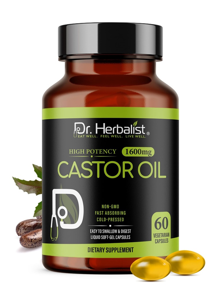 Dr. HERBALIST Castor Oil Capsules - 1600mg per Serving, 60 Count - Non-GMO, Fast-Absorbing, Vegetariánska, Cold-Pressed, a vysoká potencie - podporuje pokožku, vlasy, prírodné laxatíva a trávivé zdravie