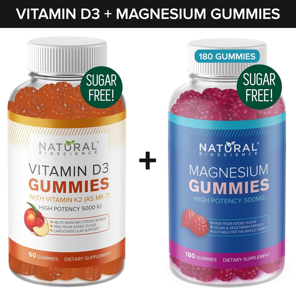 Bezcukrové vitamíny D3 K2 Gummy (60 Gumičiek) a bez cukru Extra sila Magnézové Gumičky (180 Gumiem), Vitamín D3 Gummies 5000 IU+K2 MK7 80 μg, Dusičnan horečnatý 500 mg