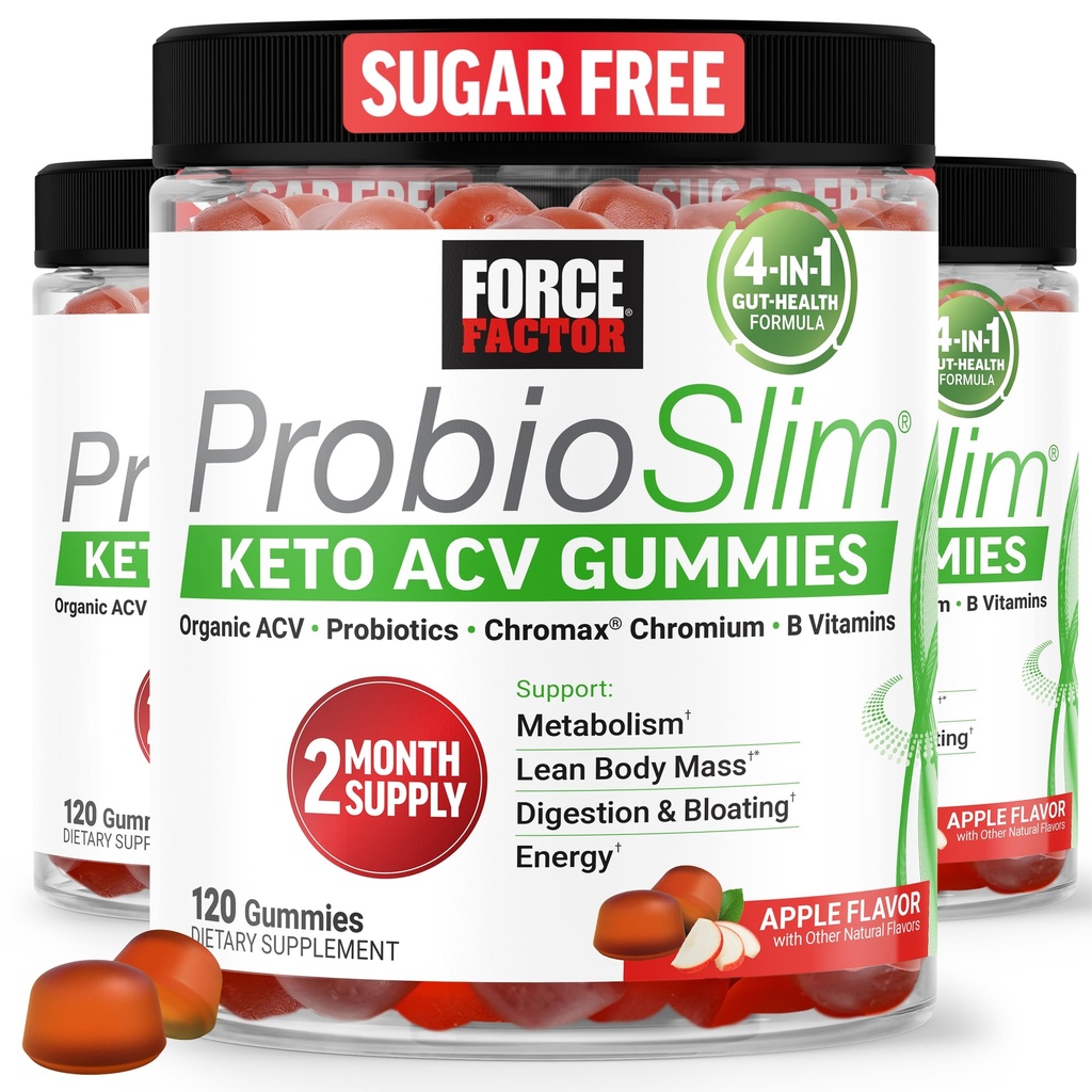Force Factor ProbioSlim Keto ACV Gummies, Organic Apple Cider Vinagar Gummies s LactoSpore Probiotiká a prebiotiká na podporu trávenia, Metabolizmus, & Immune Health, 1 Net Carb, Apple Flavor, 360ct