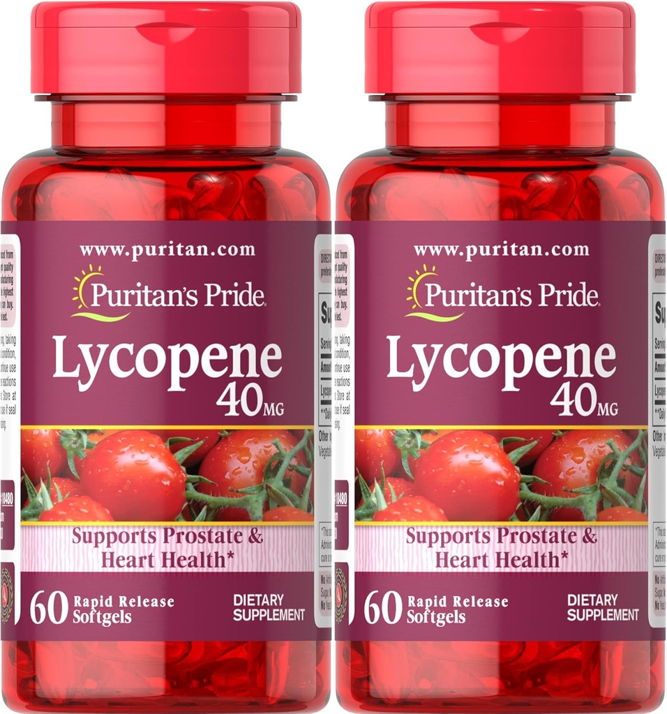 Puritan's Pride Premium Lycopene 40mg, Dietary Supplement for Prostate, Antioxidant, Heart Health, and Celková zdravotná podpora, 2 mesiace dodávky, 60 Rýchle vydanie Softgels, 2 balenie