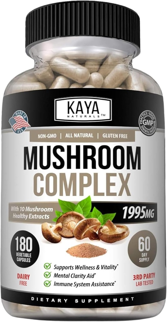 Kaya Naturals Premium Mushroom Complex Potent - Mushroom Supplement - Mushroom Complex Kapsule 1995mg Per Serving - Aids Mental Clarity Supports Immune System, Wellness & Vitality - 180 Count
