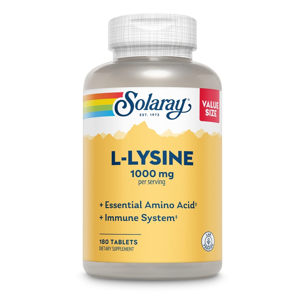 SOLARAY L-lyzín, Free-Form 1000 mg, Essential Amino Acid Immune Suplement with Vitamin C 1000 mg and Zinc 25 mg, Value Size, Lab Overené, 60-dňová záruka, 60 Servings, 180 tabliet