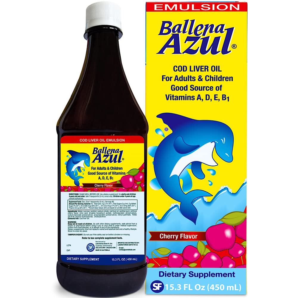 Ballena Azul Aceite de Hígado de Bacalao para Adultos y Niños, COD Liver Oil for Adults and Children, Vitamins A, D, E, B1, Dietary Supplement, Omega 3, Inmune System Boost, Cherry 15 OZ)