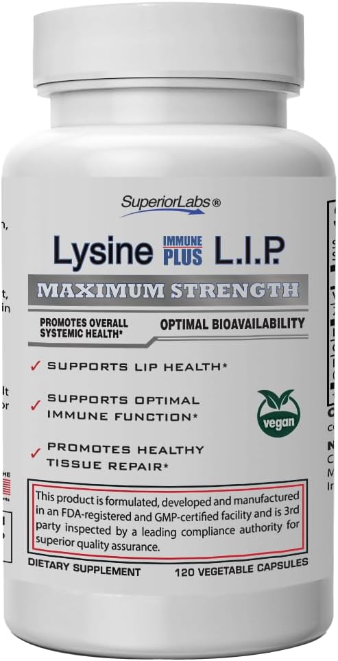 Superior Lysine Immune Plus Lip, klinicky preukázané zdravie a podpora Lipu, L-lyzínová hranica pre HCI pre optimálnu stabilitu a absorpciu pre rýchle výsledky, Bioaktívna s Zero škodlivé prídavné látky