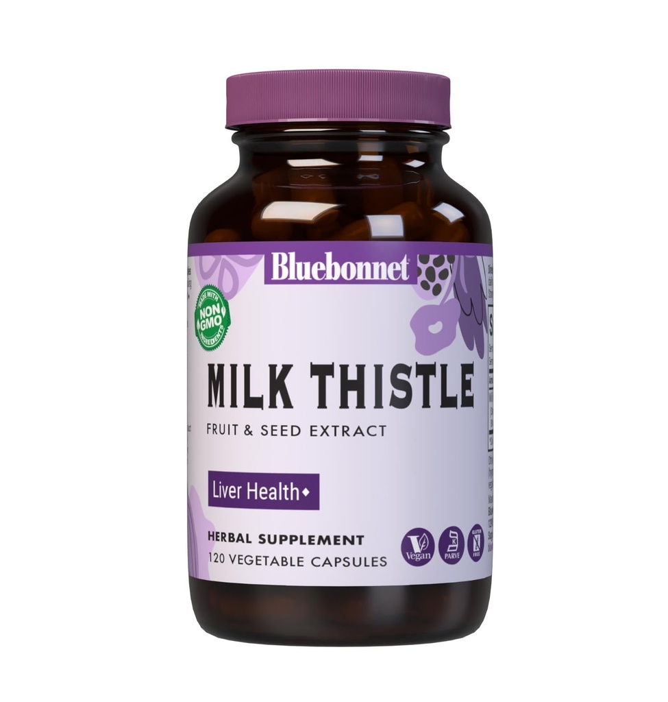 BlueBonnet Nutrition Milk Thitle Fruit & Seed Extract, Liver Health*, Non-GMO, Vegan, Kosher Certified, Gluten-free, Soy-free, 120 Rastlinné kapsule, 120 Servings