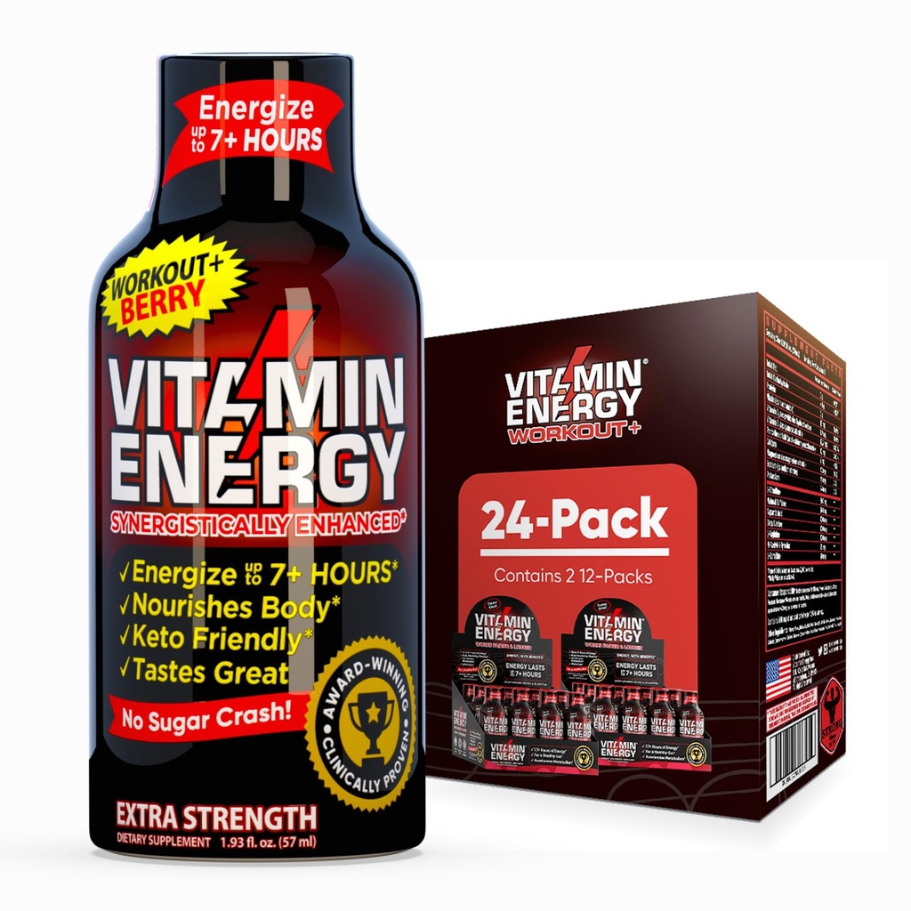 Vitamín Energy Cvičenie+ Extra sila Energia Shot Berry 24 Balenie, 260mg Prírodný kofeín, Pre-Workout, B-vitamíny, Minerály, Vytrvalosť a výkon, Zero Cukor, Gluten-Free, Vegan, 1,93 fl oz