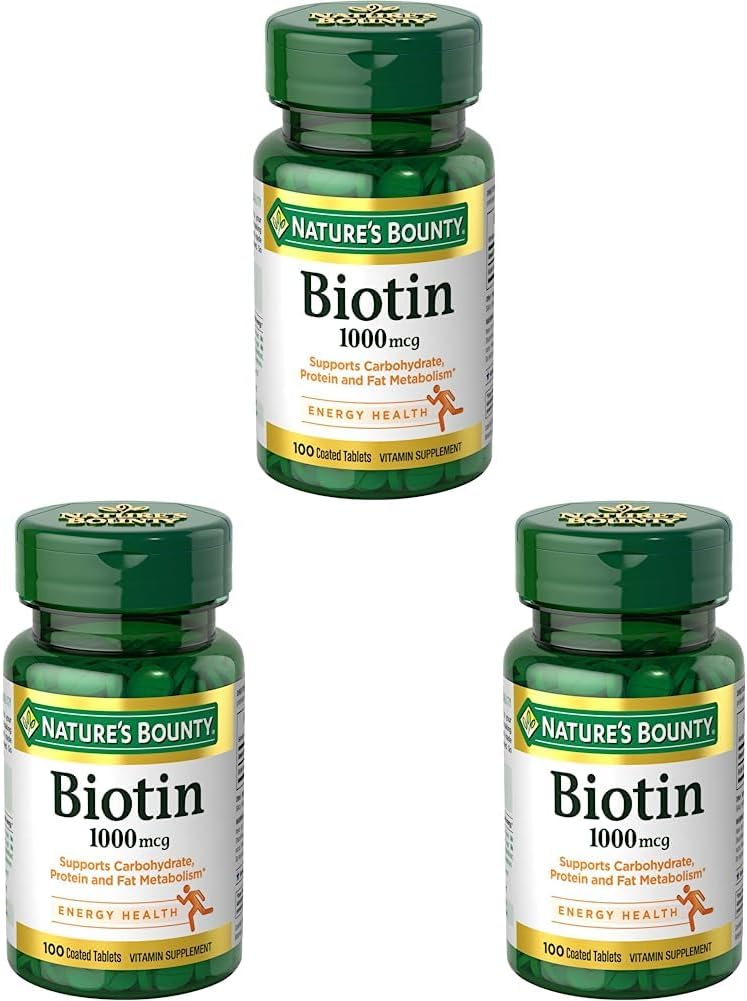 Nature's Bounty Biotin, Vitamin Supplement, Supports Metabolism for Cellular Energy and Healthy Hair, Skin, and Nails, 1000 mcg, 100 Tablets (Pack of 3)