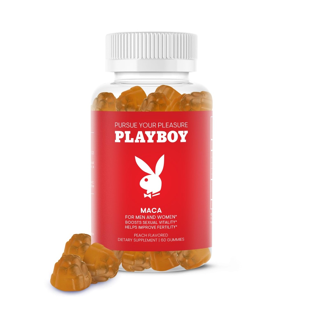 Playboy - Maca Root Gummies for Women and Men (60 Gróf - Peach Ochutené) - Boost Sexual Vitality, Libido, Fertility - Maca Gummies Supplement - 100% Natural, Vegan Non GMO - 4:1 Extract Maca Peruana