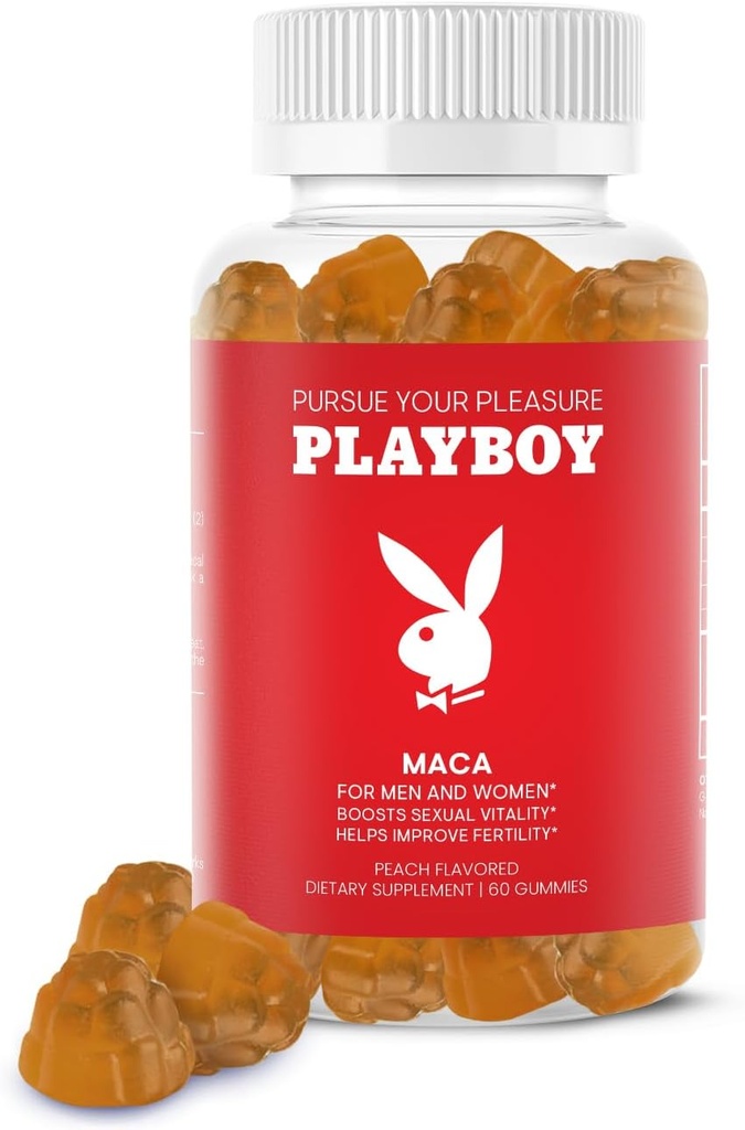 Playboy - Maca Root Gummies for Women and Men (60 Gróf - Peach Ochutené) - Boost Sexual Vitality, Libido, Fertility - Maca Gummies Supplement - 100% Natural, Vegan Non GMO - 4:1 Extract Maca Peruana