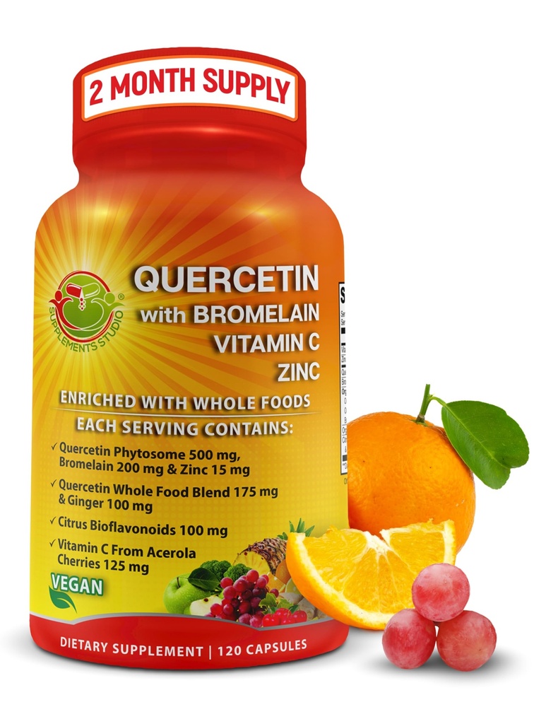 Quercetin s hypromelínom Vitamín C a zinok obohatený o organické celé potraviny - 1215 mg na serving - Quercetin Phytozome 500 mg kapsuly s zázvorom a flavonoidy na imunitnú podporu - 120 grófov