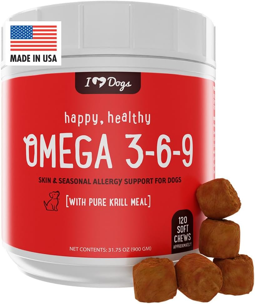 iHeartDogs Omega 3-6-9 pre psy - Skin and Coat Fish Oil Supplement pre psy s čistým antarktickým vrtným olejom - alergia a svrbenie Úľava na koži Chews, 120 gróf