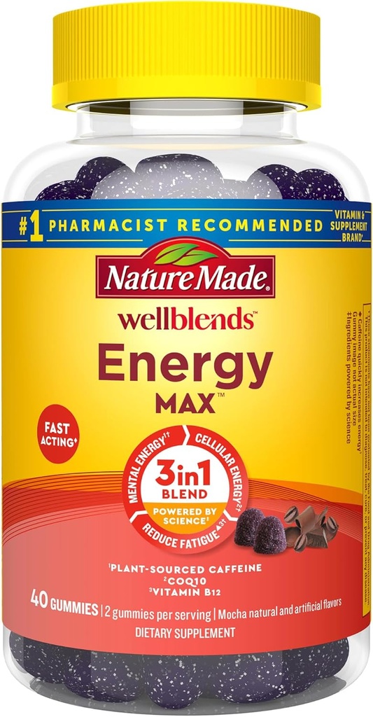 Nature Made Wellbleds EnergyMAX Gummies, Fast Acting Caffeine, CoQ10 & Vitamin B12 1000mcg, Energy Support Gummy Vitamíny, 40 Gummies