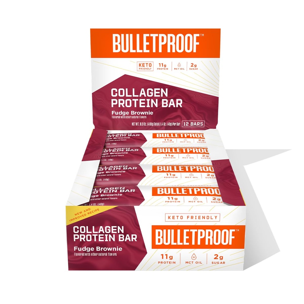 Nepriestrelné Fudge Brownie Collagen Proteínové tyčinky, balenie 12, Keto-Friendly Snack s MCT olejom, Grass-feed kolagen, žiadny pridaný cukor