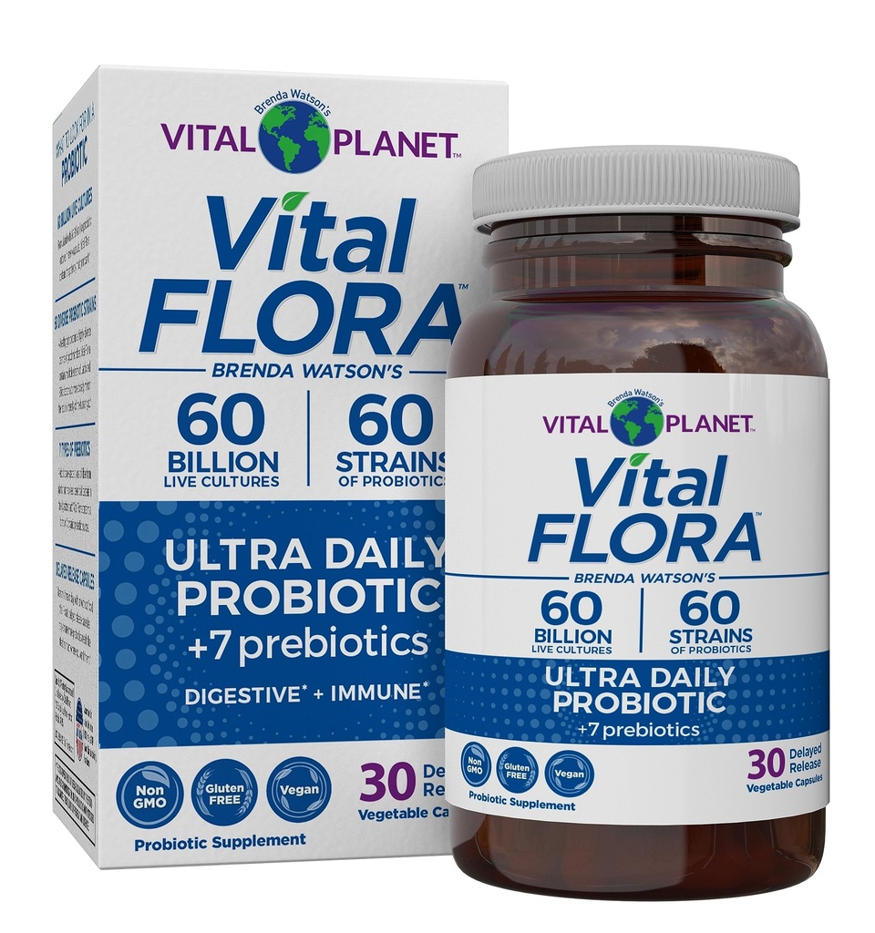 Vital Planet - Vital Flora Ultra Daily Probiotic 60 miliárd CFU, Diverse Kmene, Organické Prebiotiká, Imunitná podpora, Bloating Relief, Tráviace zdravotné probiotiká pre ženy a mužov 30 Kapsule