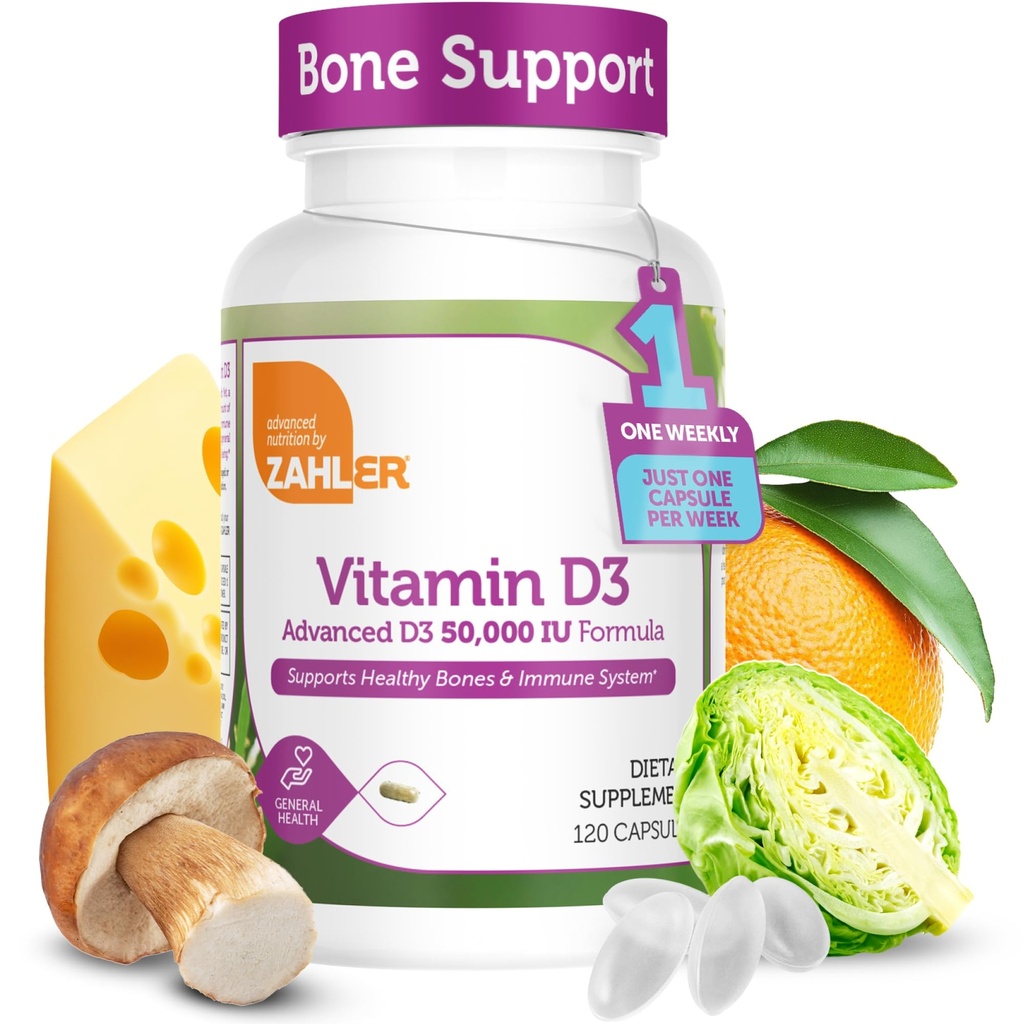 Zahler - Advanced Vitamín D3 50000 IU kapsuly (120 Počet) Kosher Vegetarián Priateľsky vitamín D pre imunitnú podporu, kosti, zuby a svalového zdravia - týždenne D3 vitamín Supplement- Ľahko prehltnúť vitamín D3.