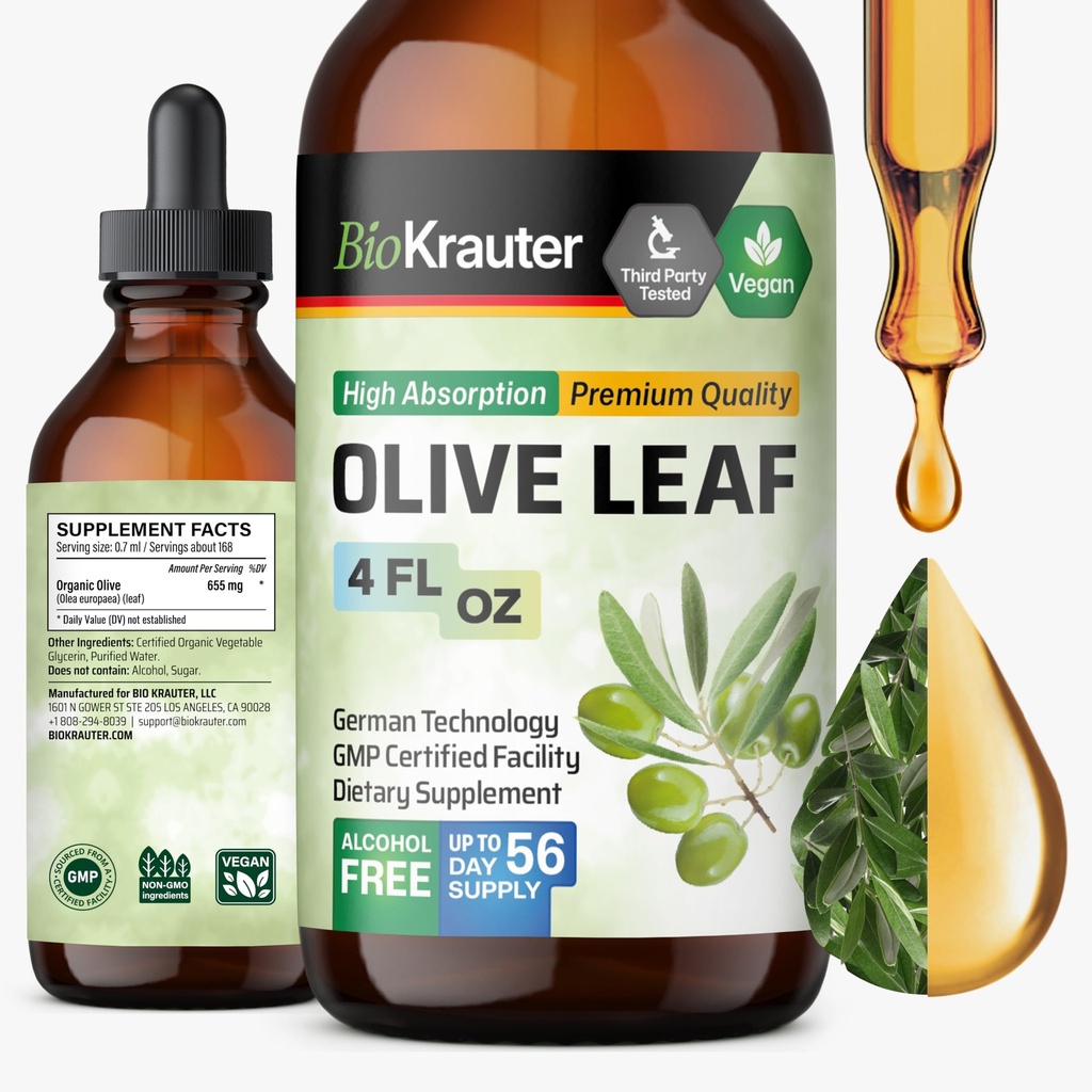 BIO KRAUTER Olive Leaf Extract Liquid - Olive Leaf Tinture for Immune Support - Alkohol a cukor bez - Vegan kvapky 4 Fl.Oz.