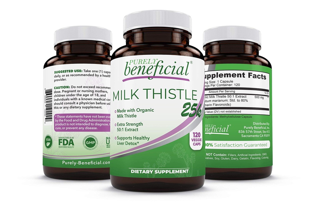 PURELY benefit Organic Milk Thistle Capsules, 50:1 Milk Thistle Extract, Pečeň Cleanse & Antioxidant Support, 120 Veg Capsules, Vegan & Non-GMO