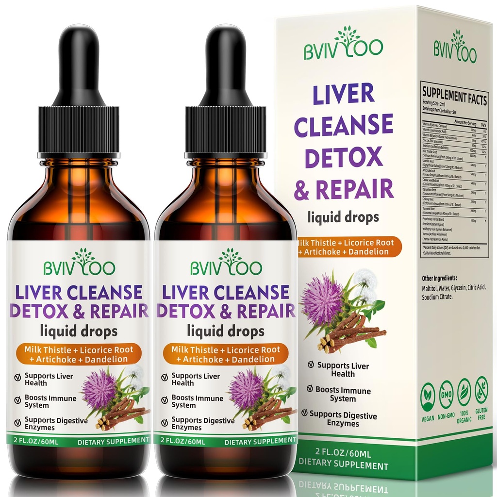 2 balenie Pečeň Zdravie Tekuté kvapky - 2000mg Mlieko Thitle, Púpava Root, Artičok, Silymarin Extract, & Turmeric Herbs - Vegan, Non-GMO - 4 Fl Oz (120ml)