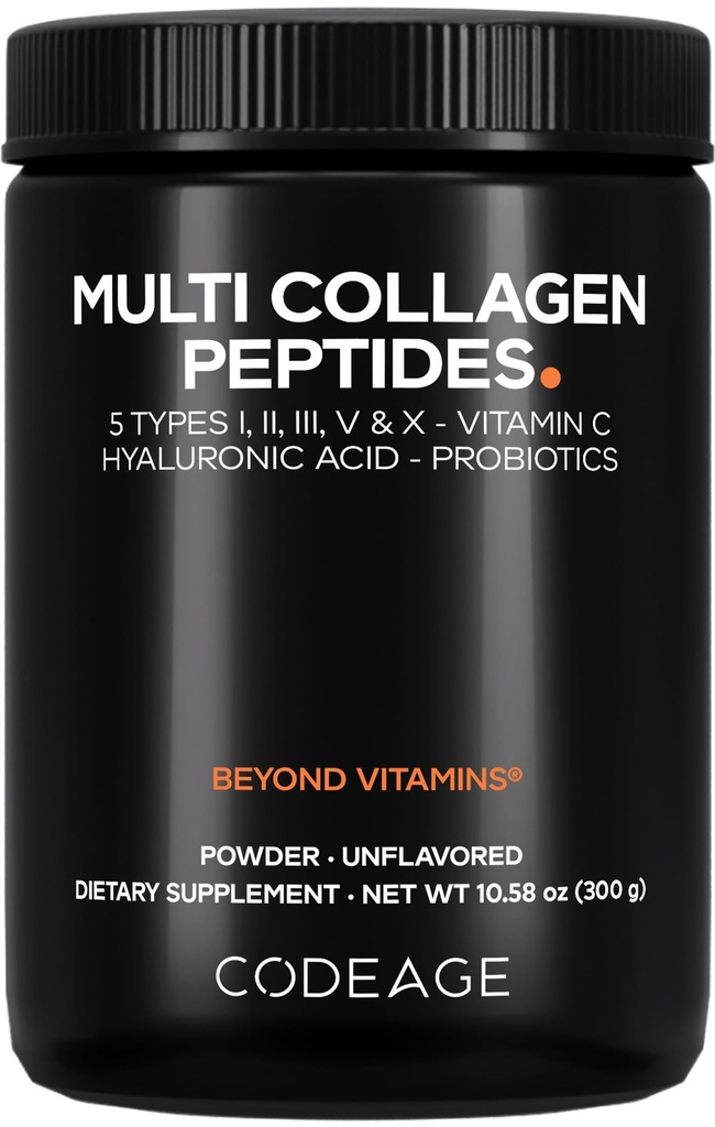 Codeage Multi Collagen Peptides Powder + Probiotiká Black Edition, Vitamín C, Kyseliny hyalurónovej Supplement, Grass-Fed, Hydrolyzed, Zero Carbs, Typ I, II, III, V & X, Unflavored, 10.58oz